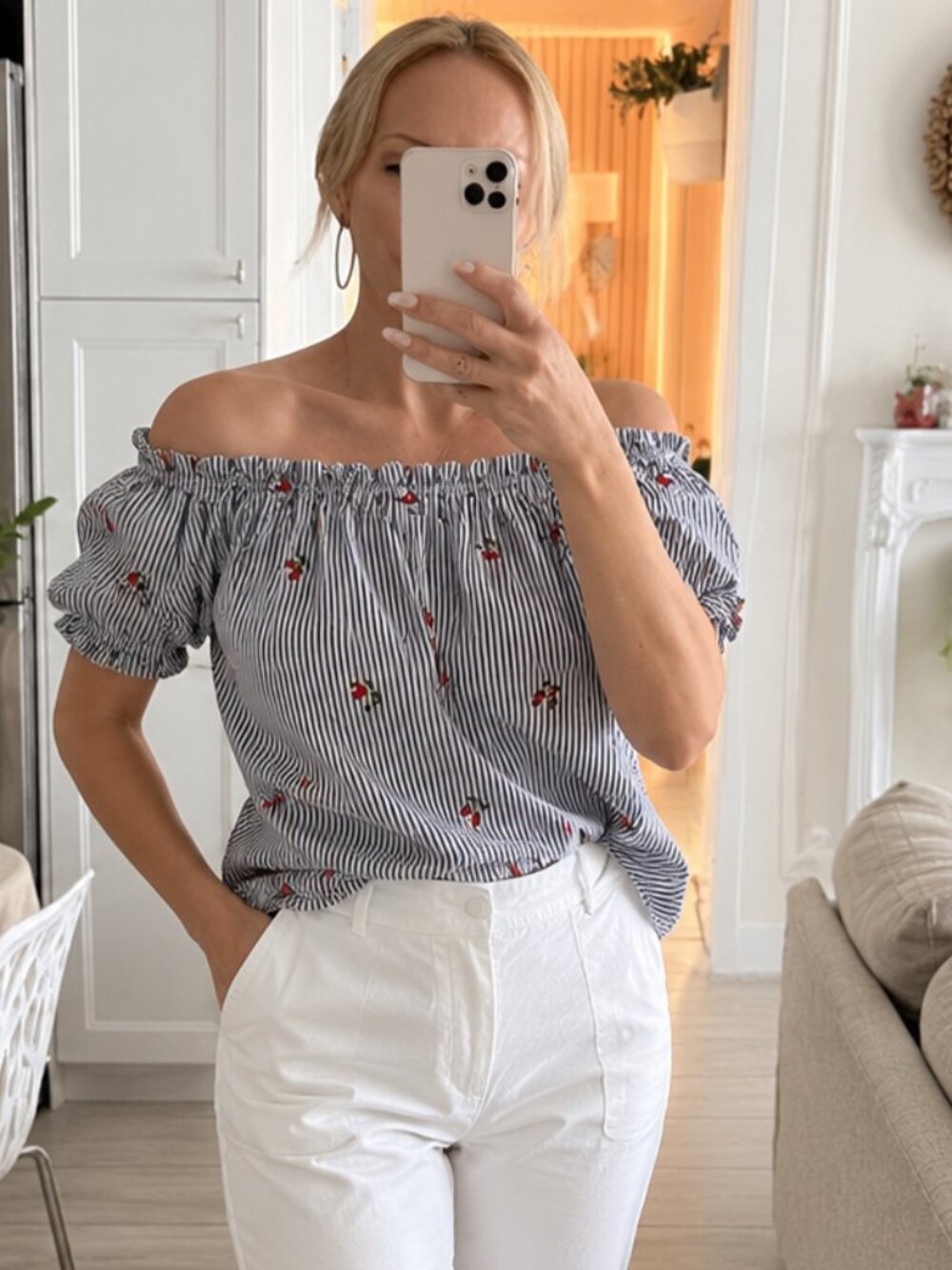 Forever 21 Off-Shoulder Striped Floral Top – Size Medium